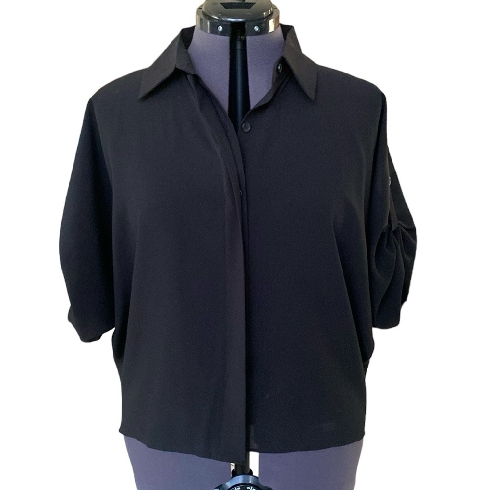 New York & Company Stretch Sz L Philippines Black V-Neck 2 Pocket Rayon/Spandex